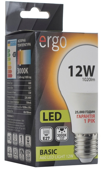Светодиодная лампа ERGO, 12W, 3000K, тёплого свечения, цоколь - Е27, 1 год гарантии! - фото 1 - id-p5205753