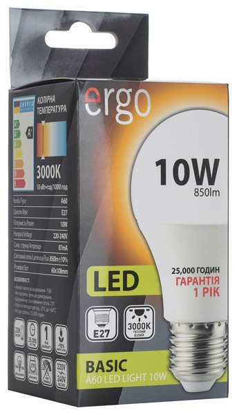 Светодиодная лампа ERGO, 10W, 3000K, тёплого свечения, цоколь - Е27, 1 год гарантии! - фото 1 - id-p5205755