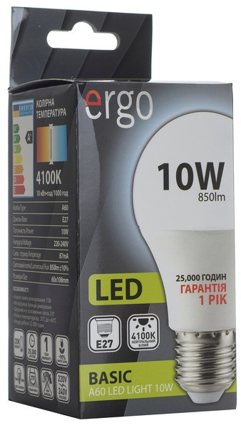 Светодиодная лампа ERGO, 10W, 4100K, нейтрального свечения, цоколь - Е27, 1 год гарантии! - фото 1 - id-p5205756