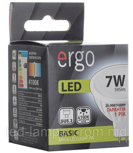 Светодиодная лампа ERGO, 7W, 4100K, нейтрального свечения, MR16, цоколь - GU5.3, 1 год гарантии! - фото 1 - id-p5205760