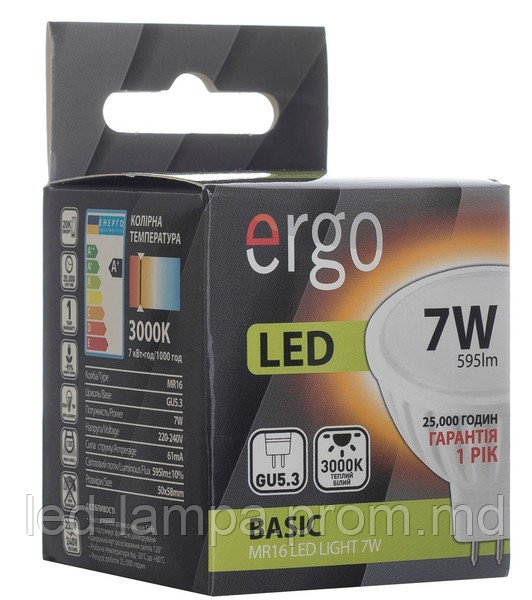 Светодиодная лампа ERGO, 7W, 3000K, тёплого свечения, MR16, цоколь - GU5.3, 1 год гарантии! - фото 1 - id-p5205759