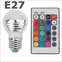 Светодиодная LED лампа RGB 3 ватт E27 с пультом ДУ