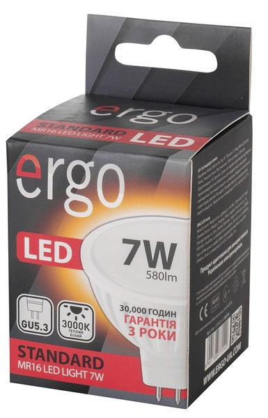 Светодиодная лампа ERGO, 7W, 3000K, тёплого свечения, MR16, цоколь - GU5.3, 3 года гарантии!!! - фото 1 - id-p5229208