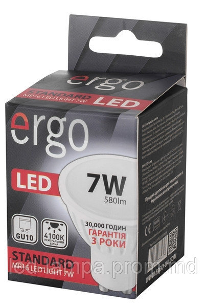 Светодиодная лампа ERGO, 7W, 4100K, нейтрального свечения, MR16, цоколь - GU10, 3 года гарантии!!! - фото 1 - id-p5229209
