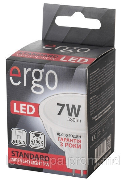 Светодиодная лампа ERGO, 7W, 4100K, нейтрального свечения, MR16, цоколь - GU5.3, 3 года гарантии!!! - фото 1 - id-p5229210