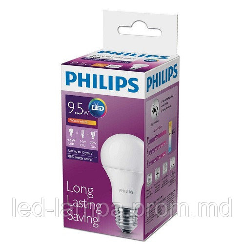 Светодиодная лампа PHILIPS, 9.5W, 3000K, тёплого свечения, цоколь - Е27, 2 года гарантии!!! - фото 1 - id-p5239533