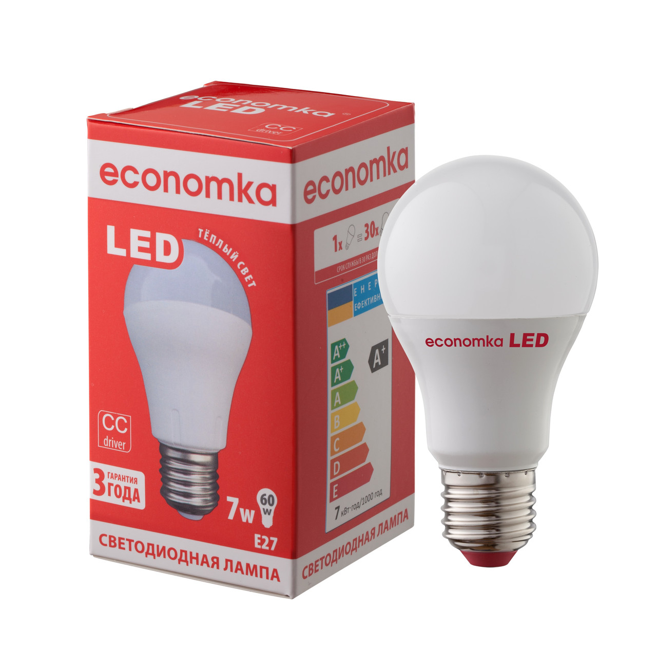 Светодиодная лампа Economka А60 LED 7W Е27 с СС-драйвером, 2800K - фото 1 - id-p5269508