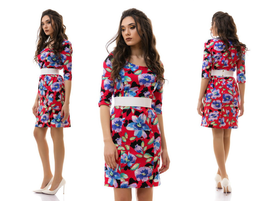 Скромное коттоновое платье с рисунков цветов с широким поясом резинкой в комплекте - фото 1 - id-p5538310