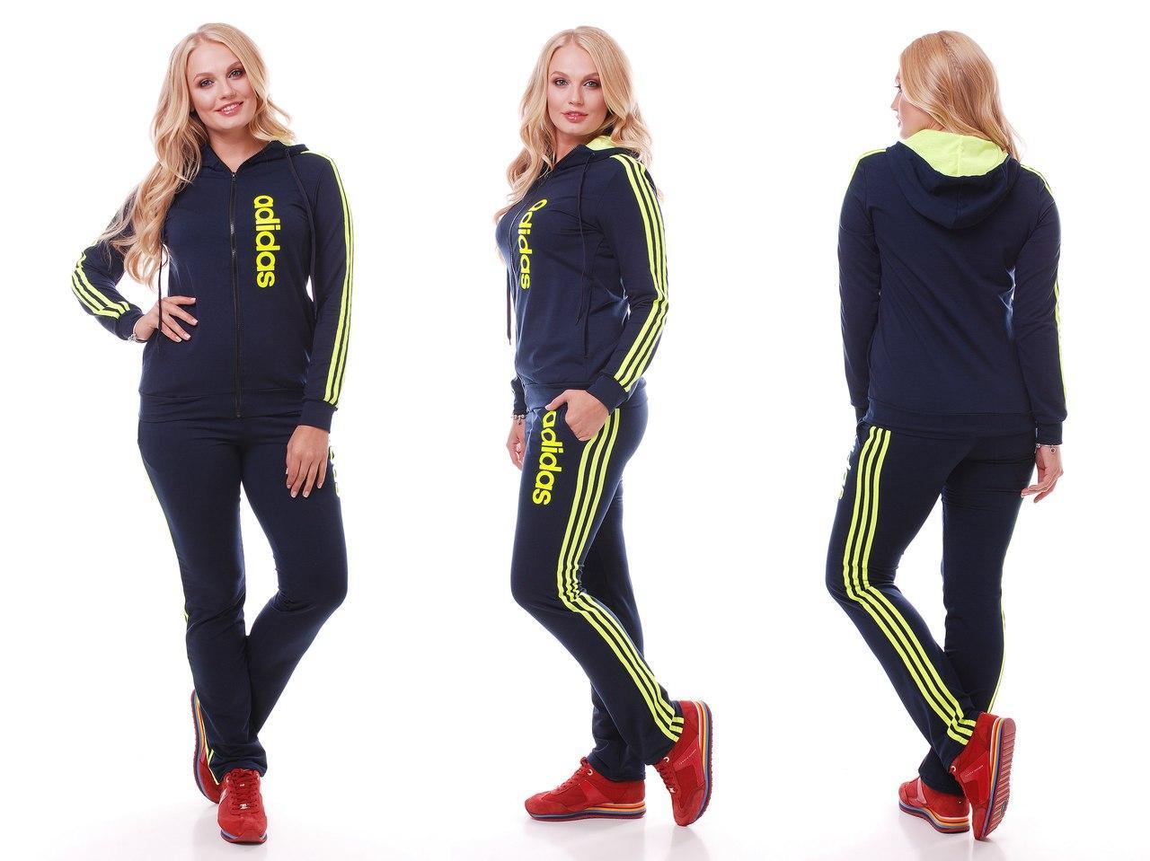 Женский спортивный костюм штаны и куртка с капюшоном реплика Adidas серия он и она батальные размеры - фото 1 - id-p5592319