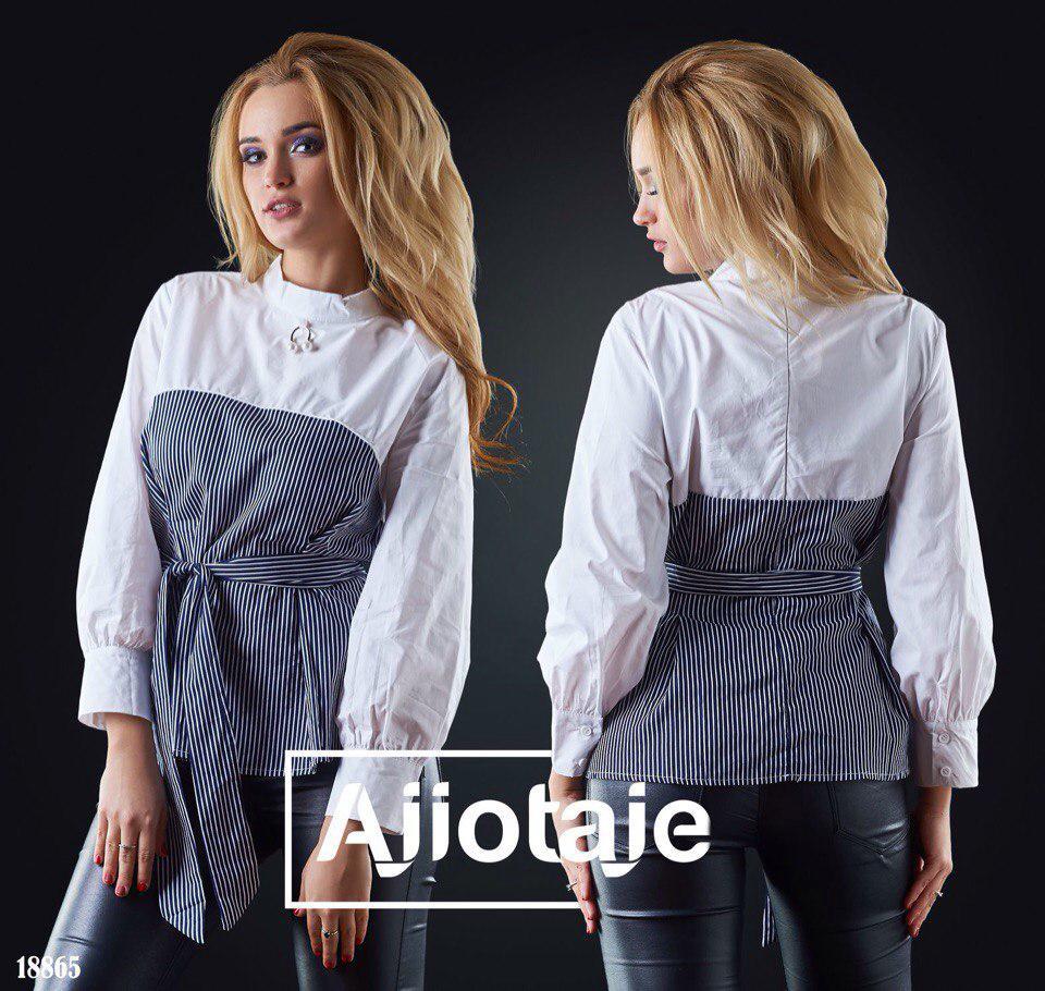 Стильная двухцветная блуза с пояском, комбинация белого и полоски - фото 1 - id-p5980401