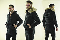 Мужская куртка дутая зимняя очень теплая с овчиной внутри и мехом на капюшоне