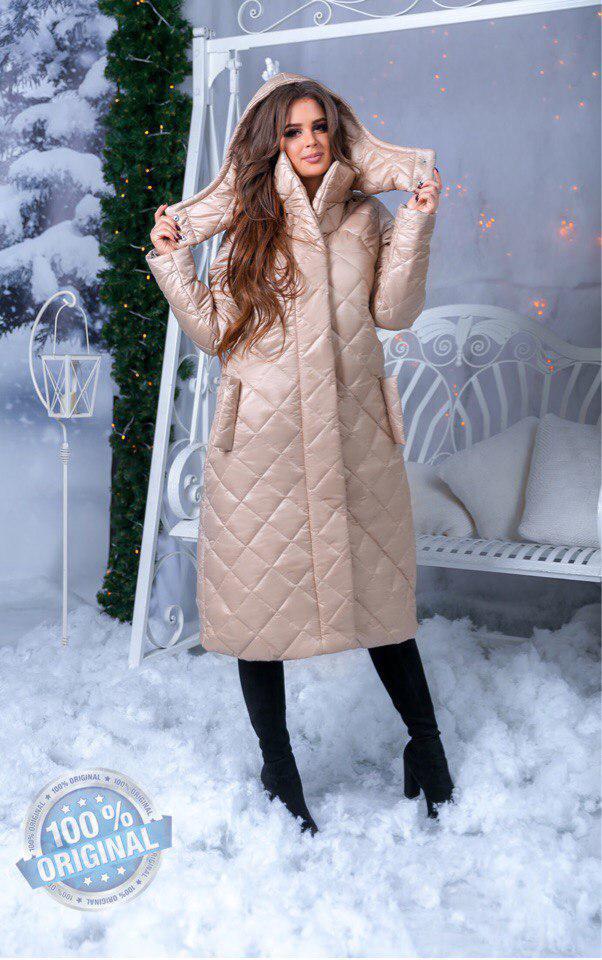 Длинное стеганое утепленное пальто с капюшоном и высоким воротом - фото 1 - id-p5988192