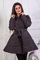 Модное зимнее стеганое пальто клеш с пояском в комплекте
