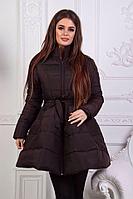 Модное зимнее стеганое пальто клеш с пояском в комплекте