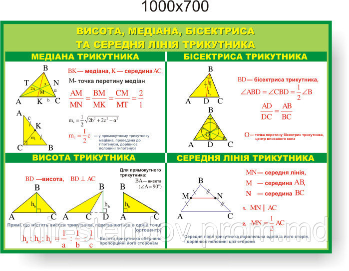 Висота, медіана, бисектриса та середня лінія трикутника Стенди для кабінета математики - фото 1 - id-p5993042