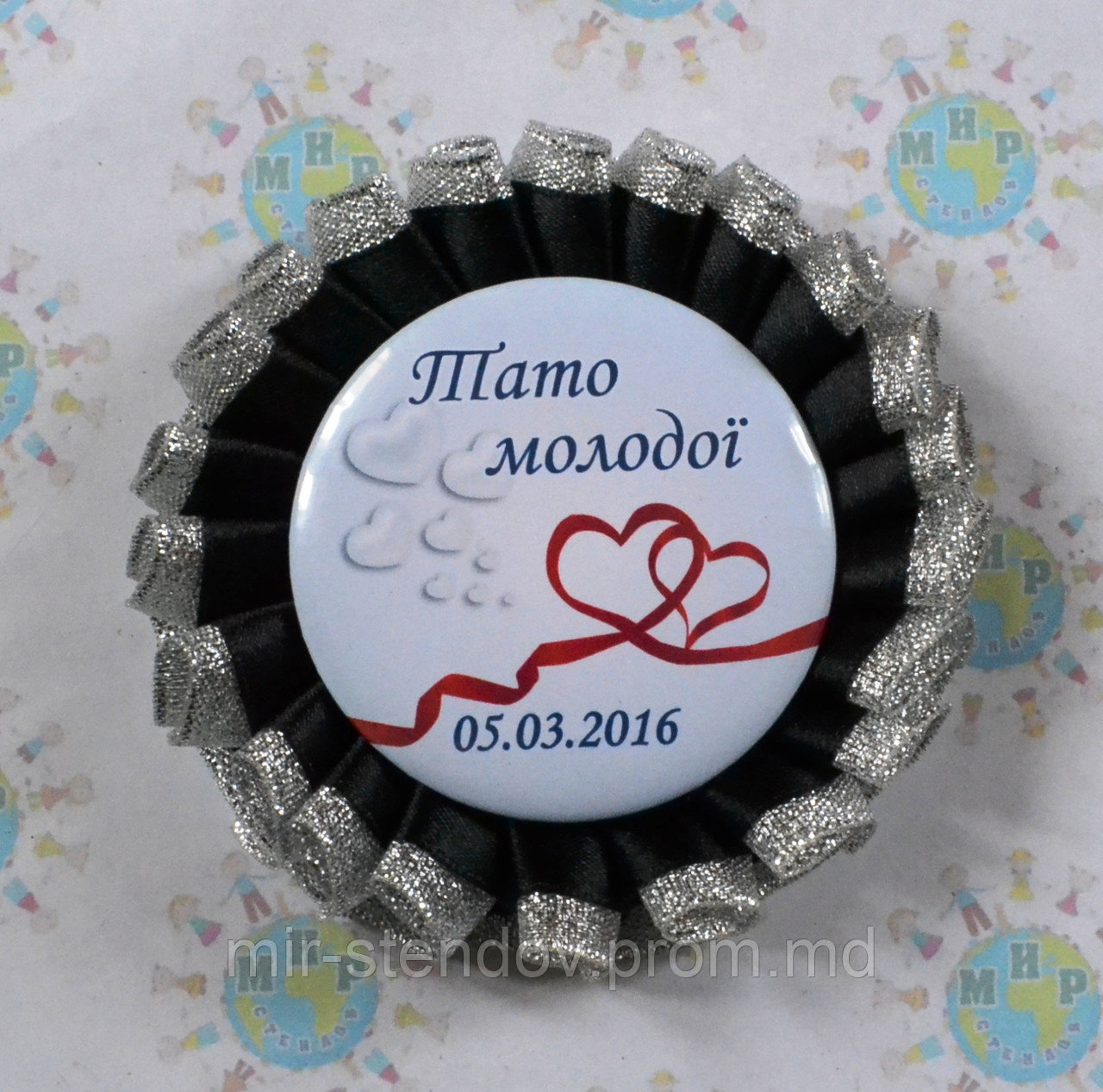 Значок для свадьбы с двойной розеткой Чёрное серебро, фото 1