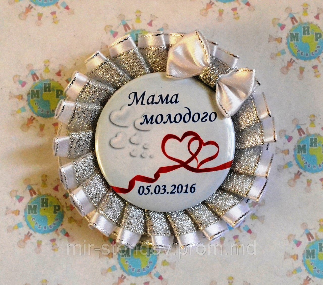 Значок для свадьбы с двойной розеткой Белое серебро с бантом 916, фото 1