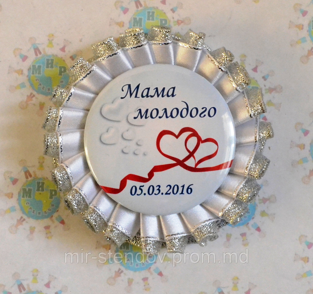 Значок для свадьбы с двойной розеткой Белое серебро 915, фото 1