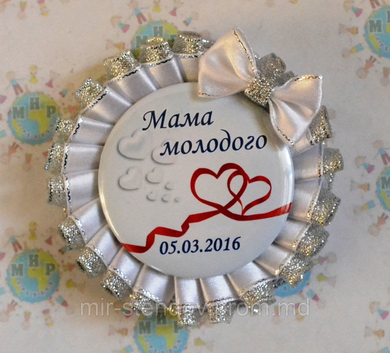 Значок для свадьбы с двойной розеткой Белое серебро с бантом 917, фото 1