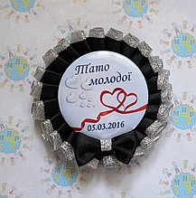 Значок для свадьбы с двойной розеткой Чёрное серебро с бантом 918