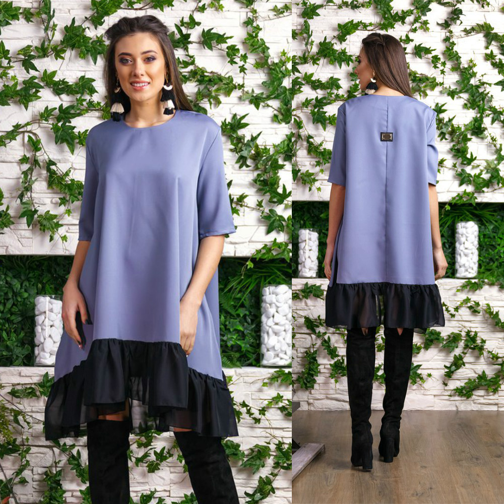 Свободное платье разлетайка на короткий рукав с шифоновым воланом по подолу - фото 1 - id-p7809116