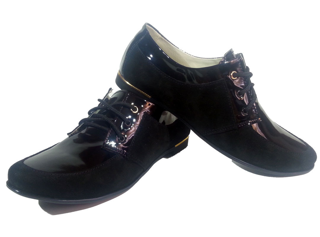 Туфли женские комфорт натуральная лаковая кожа в комбинации с натуральной замшей черные на шнуровке (114) - фото 1 - id-p7812709