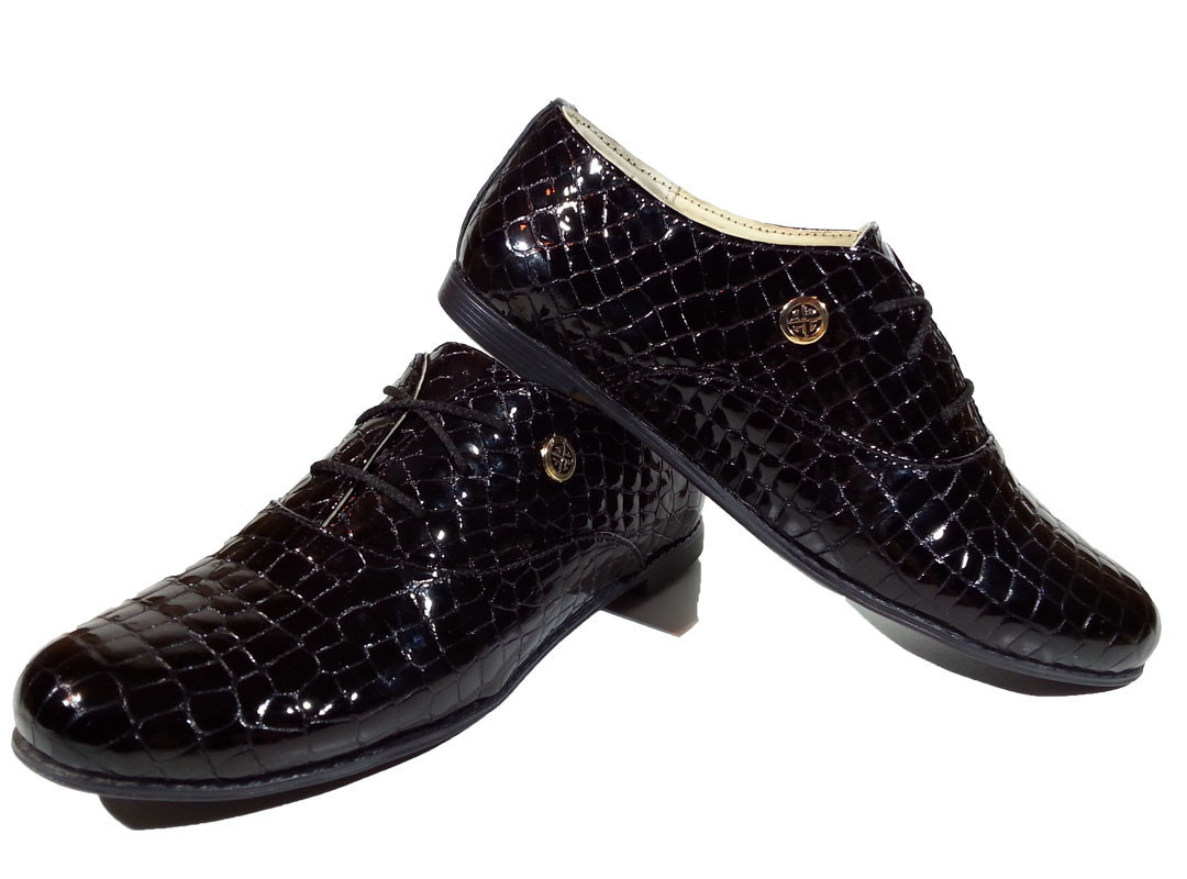 Туфли женские комфорт натуральная лаковая кожа "рептилия" черные на шнуровке (Т03) 40 Черный - фото 1 - id-p7812736