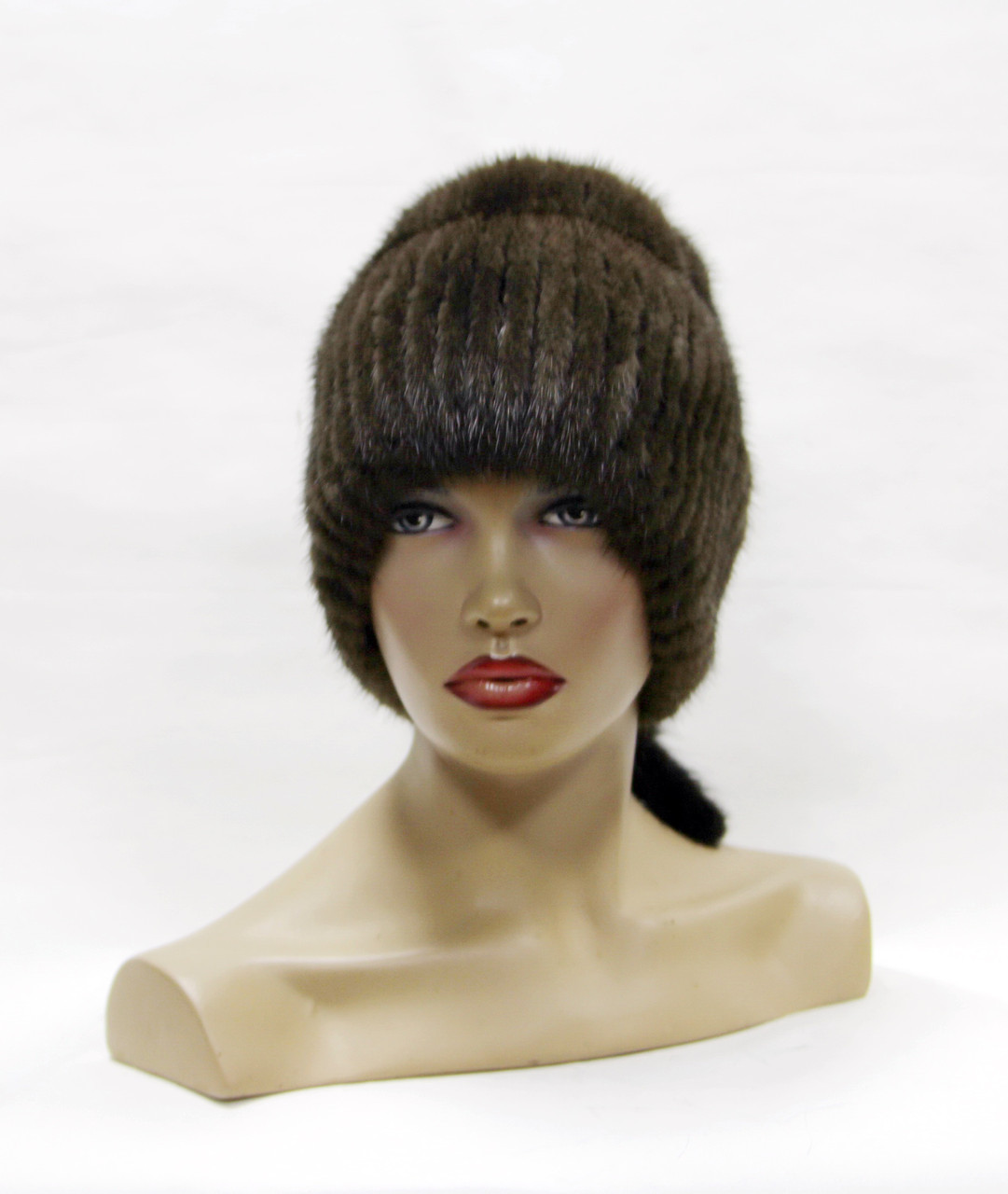 Норковая шапка женская на вязаной основе "Хвост" орех. - фото 1 - id-p8141301
