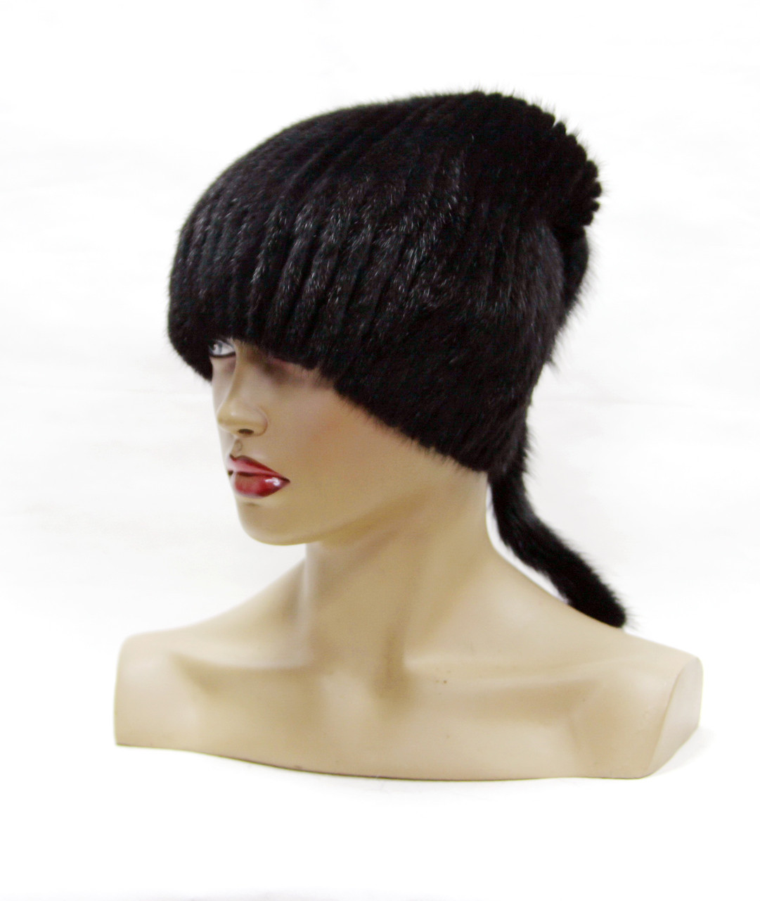 Норковая шапка зимняя на вязаной основе "Хвост" черная. - фото 1 - id-p8141302