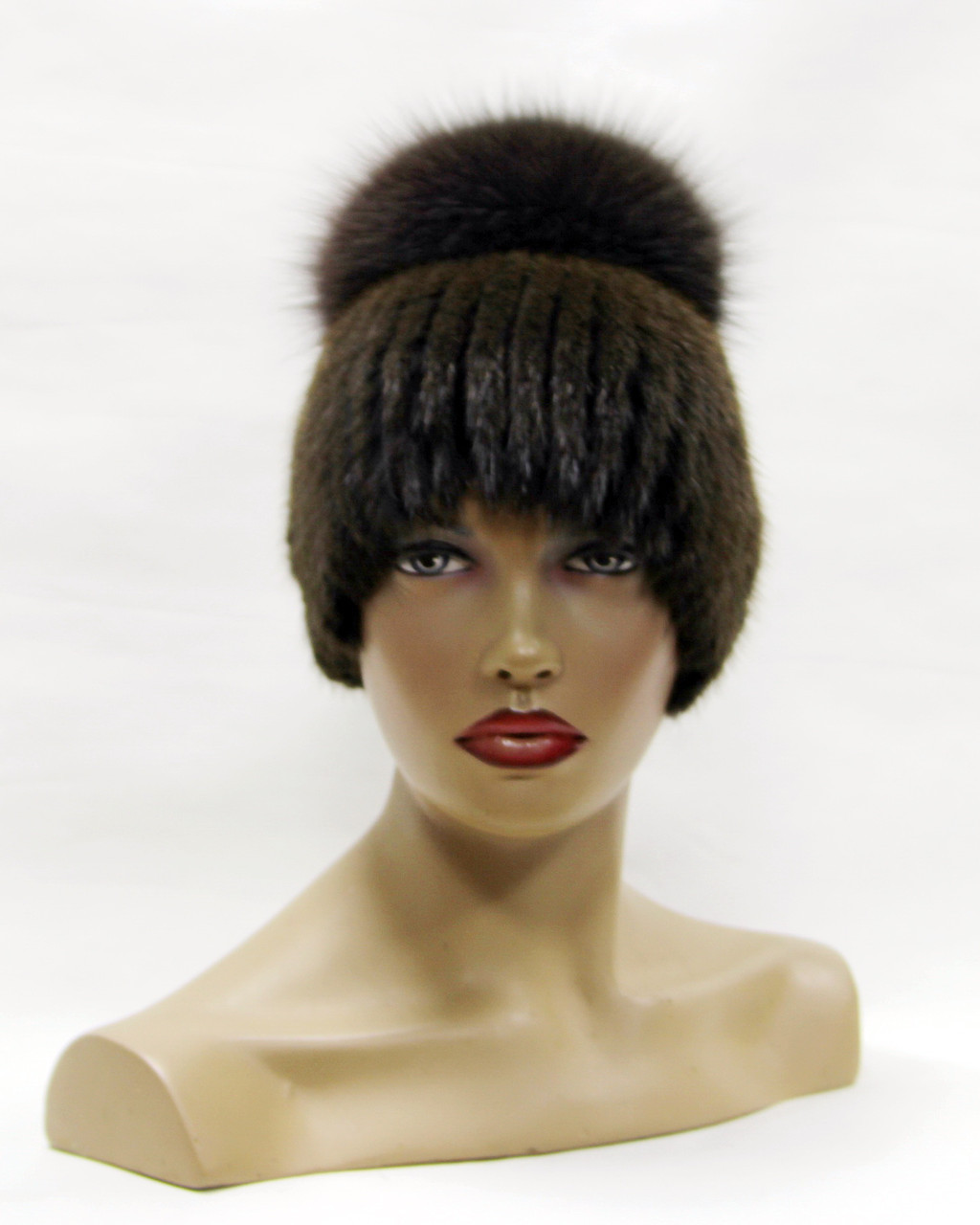 Зимняя шапка норковая "Шарик" на вязаной основе с бубоном (махагон) - фото 1 - id-p8141470
