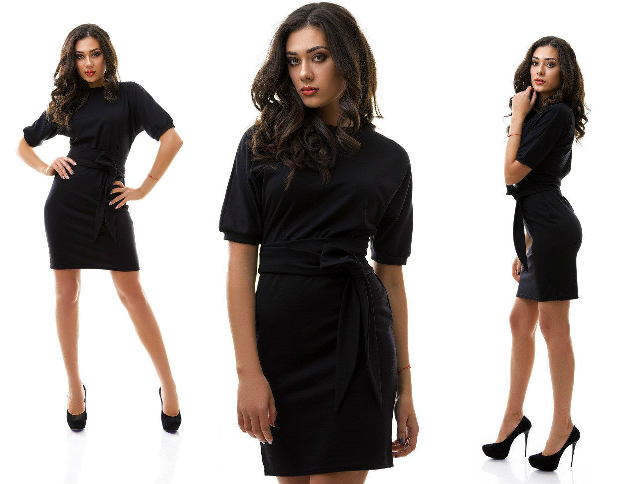 Удобное короткое черное платье с широким поясом трикотажное - фото 1 - id-p8146623