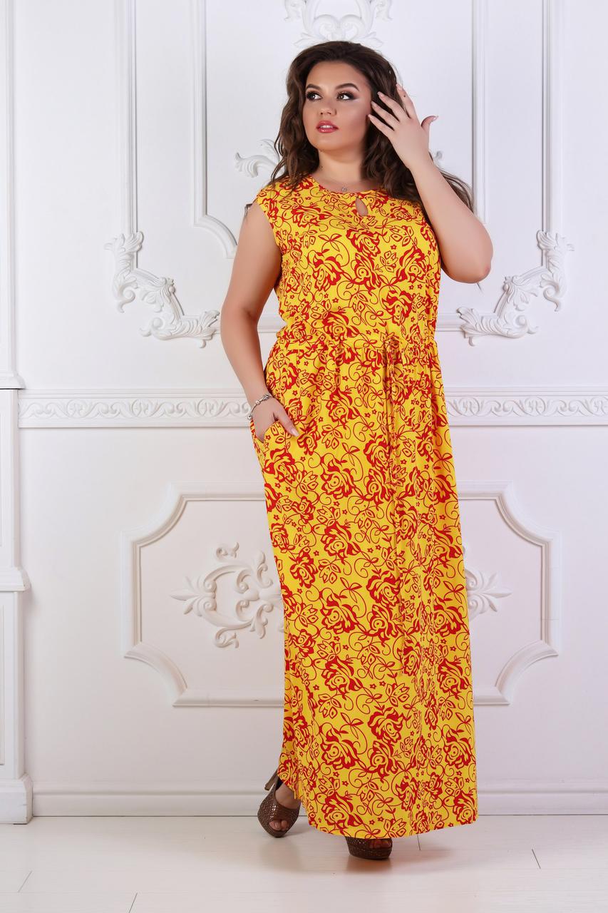Красивое свободное длинное платье сарафан в пол с разрезами по бокам и шнурком по талии полубатал - фото 1 - id-p8258984