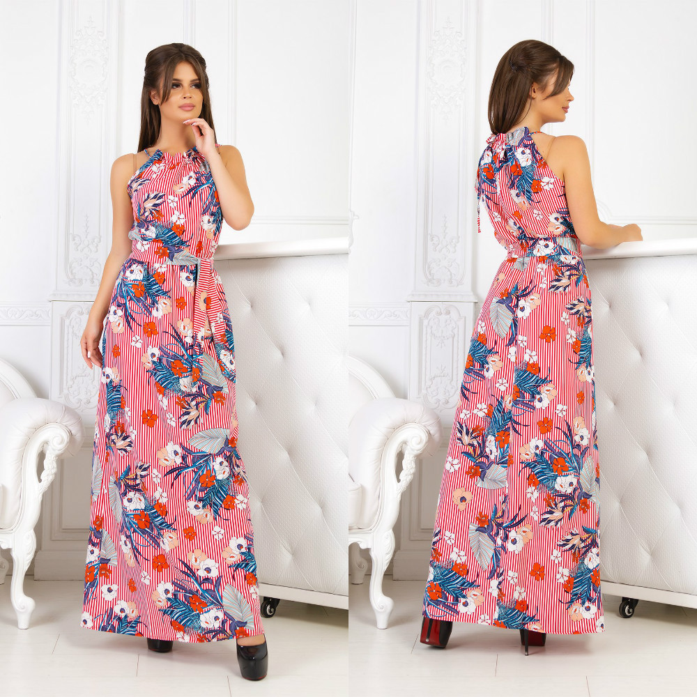 Прекрасное летнее макси платье сарафан длинное в пол с завязками на шее и открытыми плечами в цветы и полоску - фото 1 - id-p8293913