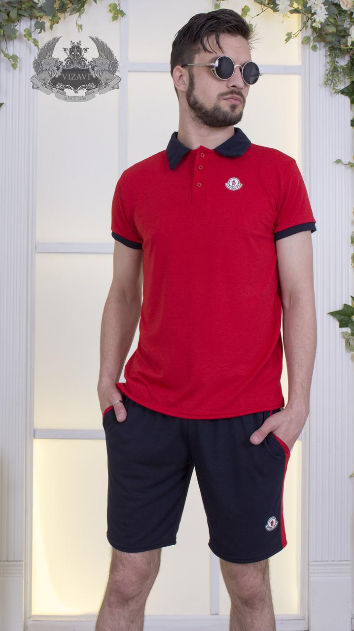Мужской модный спортивный костюм летний: футболка поло и шорты с лампасами, реплика Moncler - фото 1 - id-p8453992