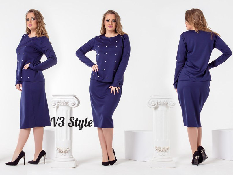 Повседневный удобный костюм: кофта с бусинами и длинная юбка миди ниже колен, батал большие размеры - фото 1 - id-p8492437