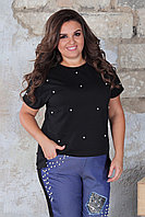 Модный женский джинсовый костюм: футболка и джинсовые штаны с жемчугом и аппликациями, батал большие размеры