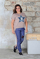 Оригинальный женский костюм: футболка и джинсовые штаны с жемчугом и аппликациями, большие размеры батал
