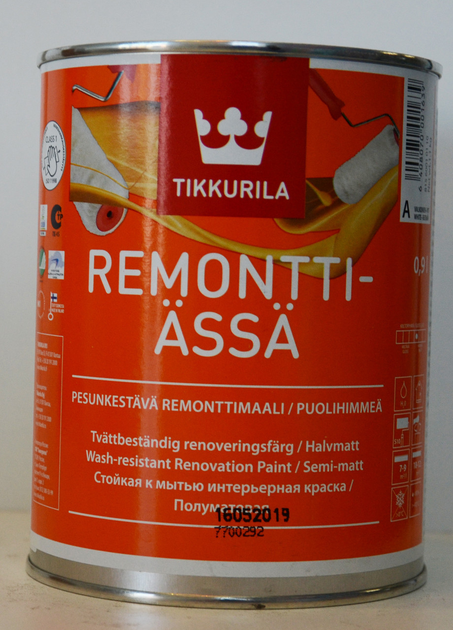Tikkurila Remontti-Assa,Ремонтти-Ясся моющаяся акрилатная краска База А 0,9л - фото 1 - id-p8630306