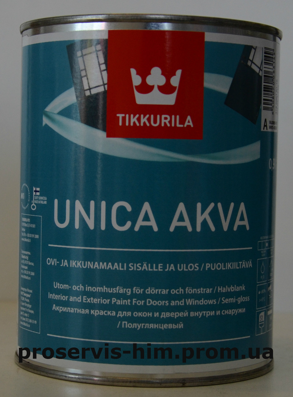 Полуглянцевая акрилатная краска Уника Аква -Tikkurila Unica Akva 0.9л База А - фото 1 - id-p8630362