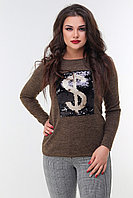 Женский теплая ангоровая кофта свитер с аппликацией из пайетки на груди, норма и батал