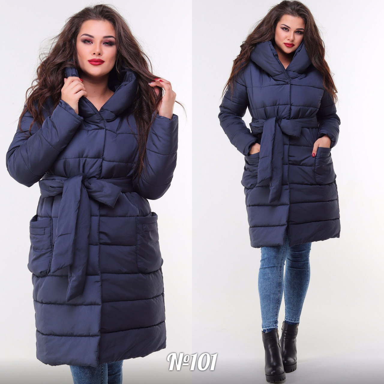 Женская осенне-зимняя длинная стеганная куртка пальто на кнопках с поясом в комплекте - фото 1 - id-p8694887