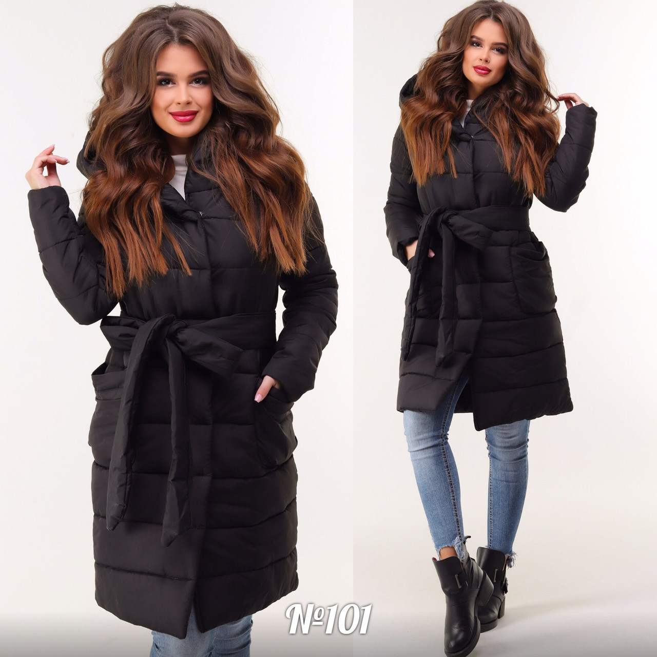 Женская осенне-зимняя длинная стеганная куртка пальто на кнопках с поясом в комплекте - фото 1 - id-p8694890