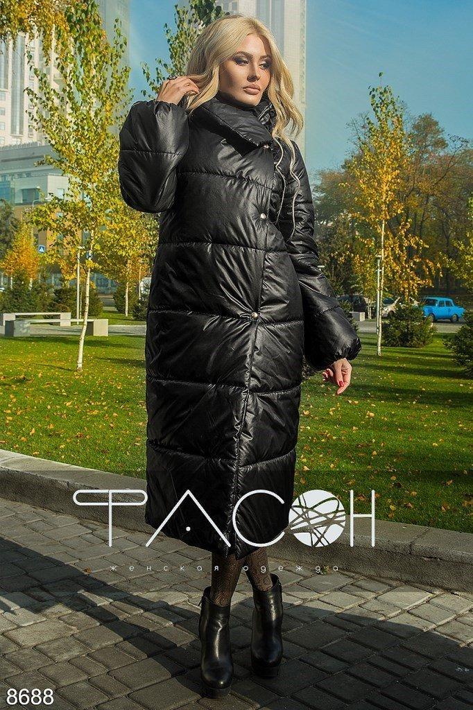 Теплое осеннее стеганное пальто женское из плащевки с объемным шалевым воротом - фото 1 - id-p8708567