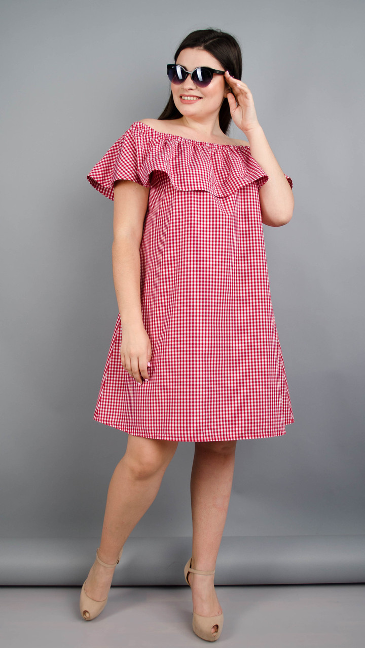 Бали. Модное платье с воланом большие размеры. Красная клетка. - фото 1 - id-p8533615