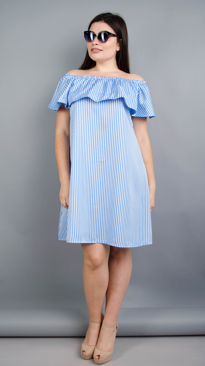 Бали. Модное платье с воланом большие размеры. Голубая полоса. - фото 1 - id-p8533617