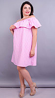 Бали. Модное платье с воланом большие размеры. Розовая клетка.