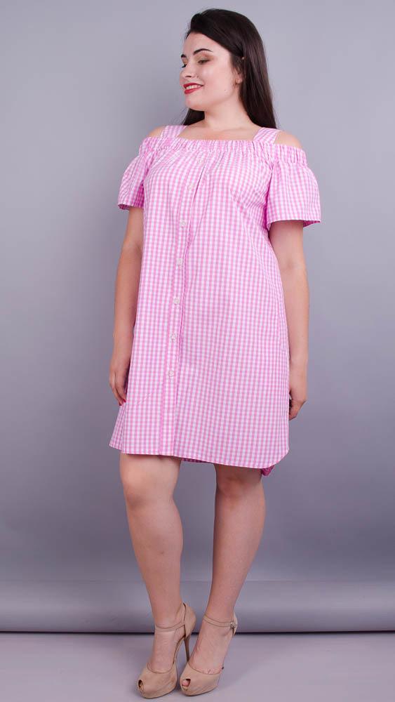 Клариса. Красивое платье-рубашка плюс сайз. Розовая клетка. - фото 1 - id-p8533639
