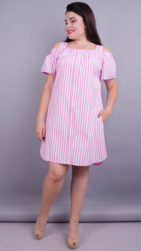 Клариса. Красивое платье-рубашка плюс сайз. Розовая полоска. - фото 1 - id-p8533640