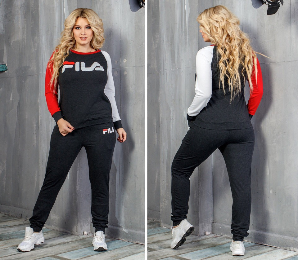 Стильный женский спортивный костюм: штаны и кофта с брендовой надписью, норма и батал - фото 1 - id-p8752649