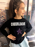 Детская подростковая стильная кофта батник для девочки с надписью и звездой из страз в спортивном стиле